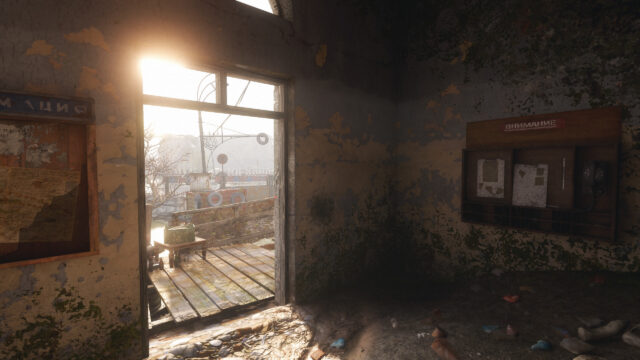 Post-Apocalyptic Abandoned Building Interior View 4K Desktop Wallpaper