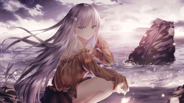 Beautiful Anime Girl with Long Silver Hair at the Beach 4K Desktop Wallpaper