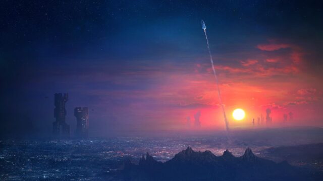 Futuristic Sci-Fi City Skyline with Rocket Launch at Sunset 4K Wallpaper