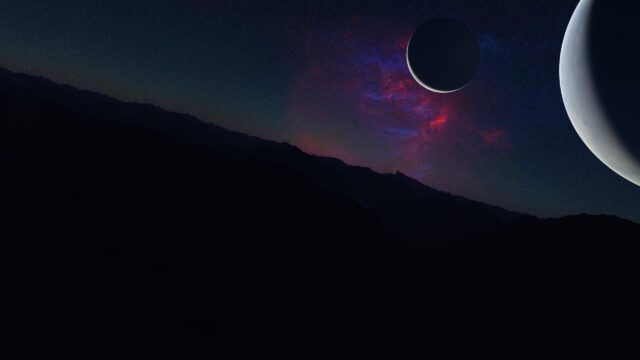 Minimalist Alien Landscape with Dual Moons and Nebulous Sky 4K Desktop Wallpaper