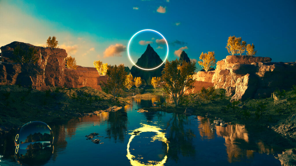Surreal Mountain Landscape with Glowing Neon Portal Desktop Wallpaper