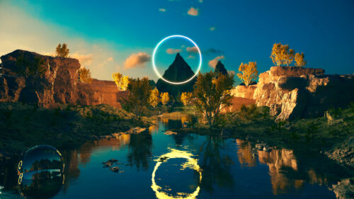 Surreal Mountain Landscape with Glowing Neon Portal Desktop Wallpaper