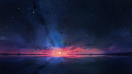 Lonely Figure Under a Glowing Cosmic Starry Night Desktop Wallpaper