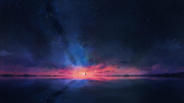 Lonely Figure Under a Glowing Cosmic Starry Night Desktop Wallpaper