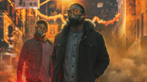 Two Men in Gas Masks Walking Through a Smoky Urban Street 4K Desktop Wallpaper