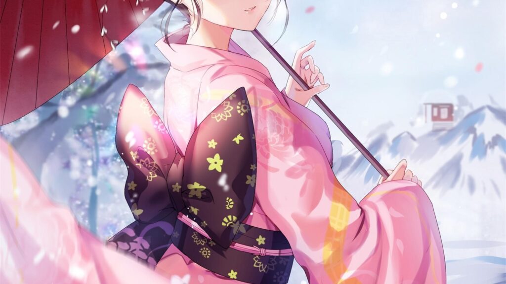 Beautiful Anime Girl in Pink Kimono with Red Umbrella 4K Wallpaper