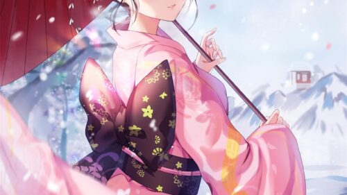 Beautiful Anime Girl in Pink Kimono with Red Umbrella 4K Wallpaper