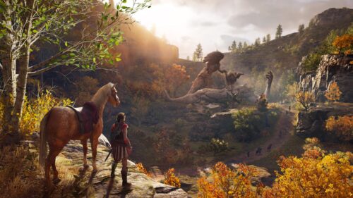 Kassandra and Ancient Giant Statue in Assassin’s Creed Odyssey 4K Desktop Wallpaper