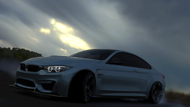 Widebody BMW M4 Drifting Under Dramatic Stormy Sky 4K Desktop Wallpaper