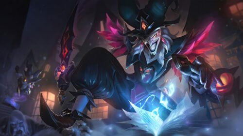 Sinister Jester Fantasy Character with Magic Book Desktop Wallpaper