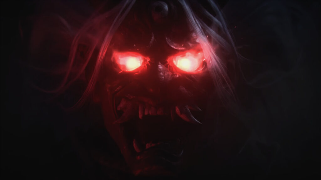 Demonic Oni Mask with Glowing Red Eyes Dark Fantasy 4K Desktop Wallpaper