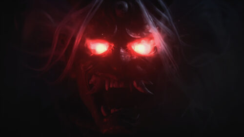 Demonic Oni Mask with Glowing Red Eyes Dark Fantasy 4K Desktop Wallpaper