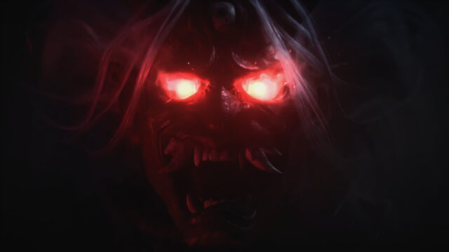 Demonic Oni Mask with Glowing Red Eyes Dark Fantasy 4K Desktop Wallpaper