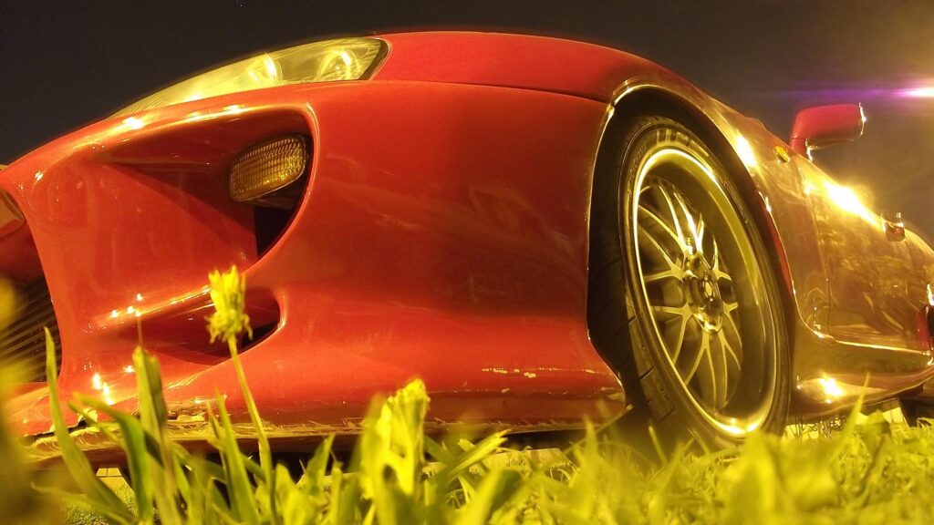 Low Angle Shot of Red Toyota Supra Sports Car at Night Desktop Wallpaper
