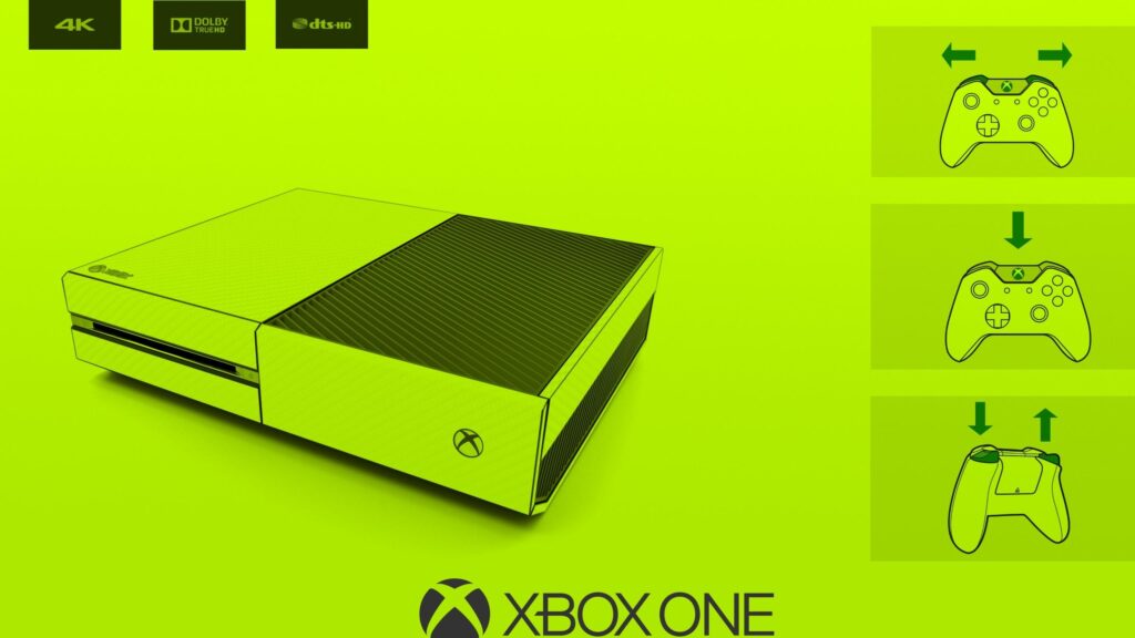 Minimalist Xbox One Console with Controller Icons in Vibrant Green 4K Wallpaper