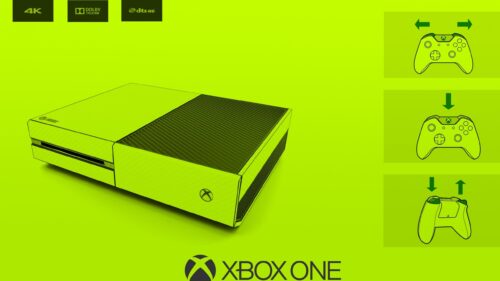 Minimalist Xbox One Console with Controller Icons in Vibrant Green 4K Wallpaper