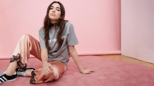Dua Lipa Casual Studio Portrait with Pink Aesthetic Desktop Wallpaper