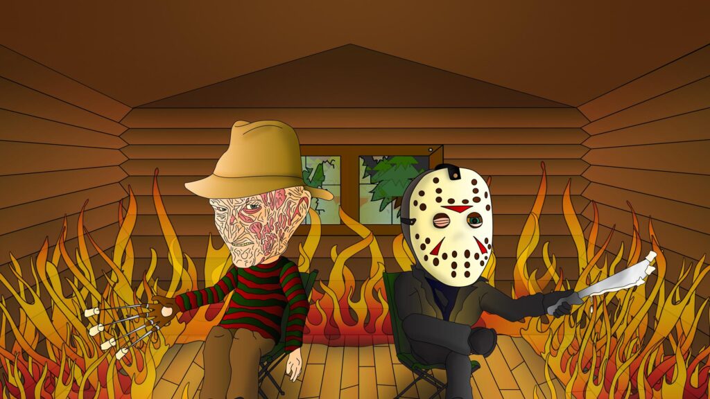 Freddy Krueger and Jason Voorhees Relaxing in a Burning Cabin Desktop Wallpaper