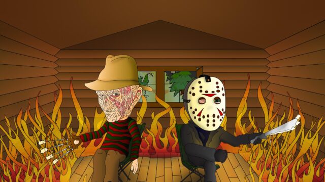 Freddy Krueger and Jason Voorhees Relaxing in a Burning Cabin Desktop Wallpaper