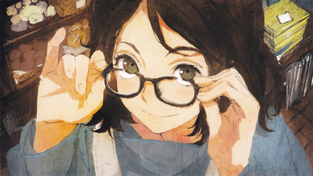 Anime Girl Holding Glasses with Bookshelf Background 4K Wallpaper