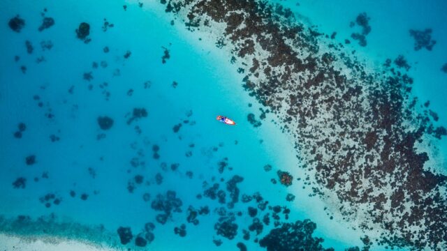 Aerial View of a Red Boat Floating Over Tropical Coral Reef 4K Wallpaper