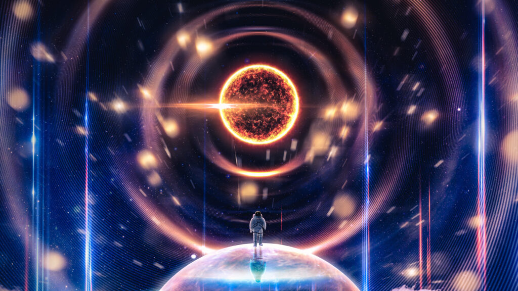 Astronaut Standing on Planet Surface Facing a Glowing Sun 4K Desktop Wallpaper