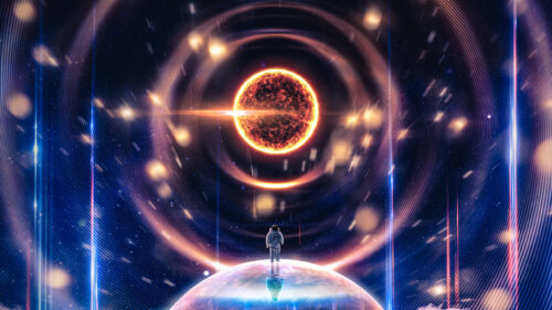 Astronaut Standing on Planet Surface Facing a Glowing Sun 4K Desktop Wallpaper