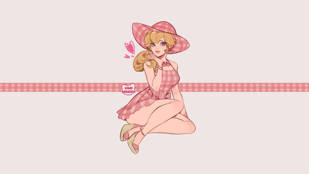 Elegant Princess Peach in Summer Gingham Outfit Anime Style PC Wallpaper