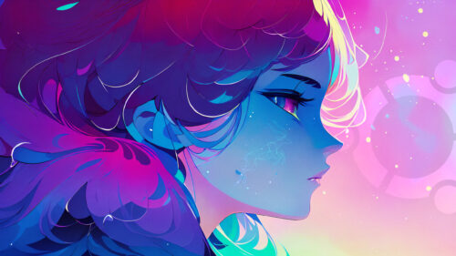 Stunning Anime Girl with Vibrant Neon Hair and Celestial Elements 4K Desktop Wallpaper