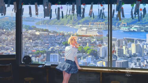 Anime Girl Looking Over a Coastal City Harbor 4K Desktop Wallpaper