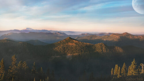 Stunning Sunset Mountain Peaks with Moon 4K Desktop Wallpaper