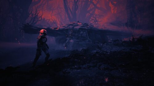 Astronaut Exploring Alien Forest Crash Site Desktop Wallpaper