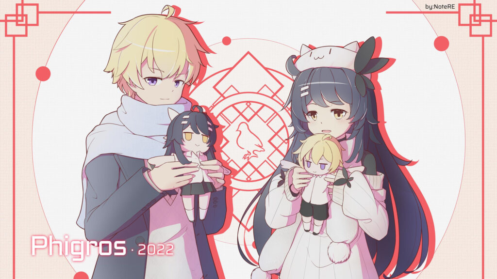Anime Boy and Girl Holding Dolls Phigros Art Desktop Wallpaper