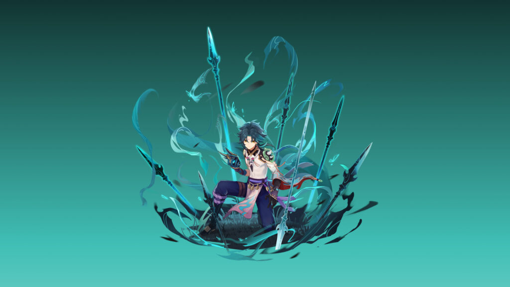 Xiao Genshin Impact Combat Stance with Spectral Spears 4K Desktop Wallpaper