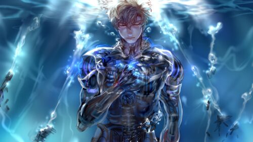 Cyborg Anime Boy Underwater Blue Energy 4K PC Wallpaper