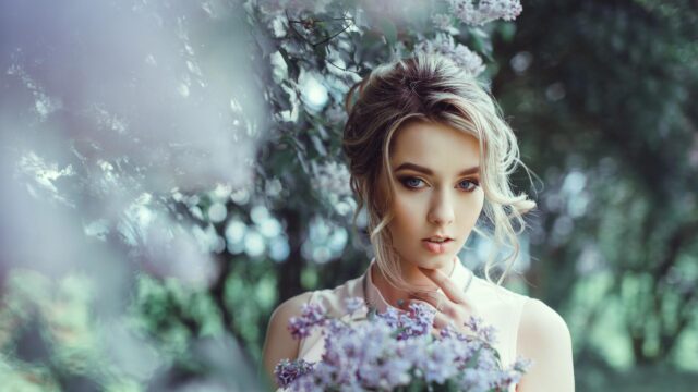 Stunning Woman with Lilac Flowers Aesthetic Photography 4K Desktop Wallpaper