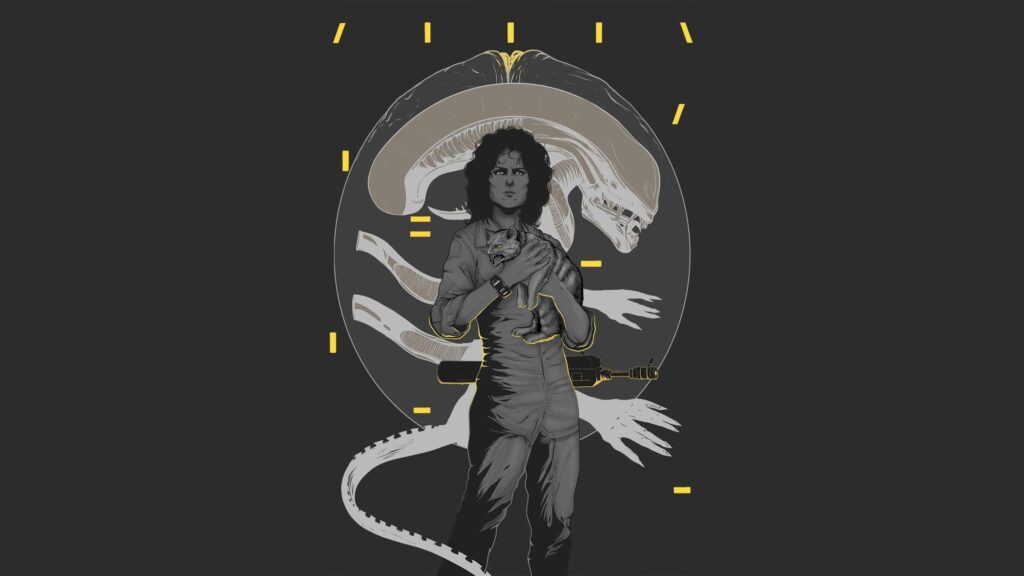 Ellen Ripley and Jonesy with Xenomorph Silhouette 4K Desktop Wallpaper