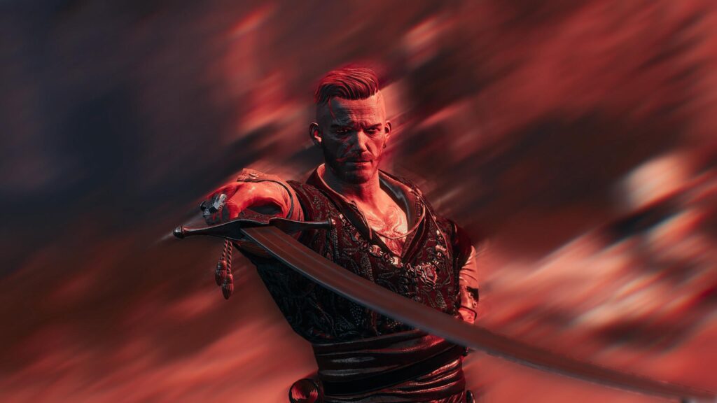 Vicious Warrior with Sword in Red Cinematic Atmosphere Desktop Wallpaper