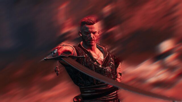 Vicious Warrior with Sword in Red Cinematic Atmosphere Desktop Wallpaper