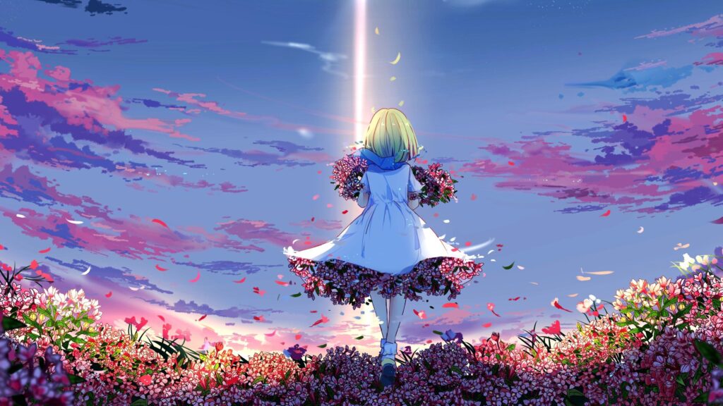 Anime Girl Walking Through a Field of Flowers at Sunset 4K Desktop Wallpaper