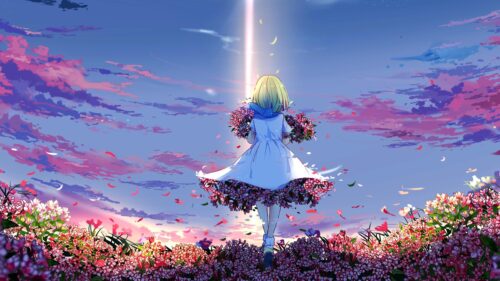 Anime Girl Walking Through a Field of Flowers at Sunset 4K Desktop Wallpaper