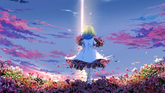 Anime Girl Walking Through a Field of Flowers at Sunset 4K Desktop Wallpaper