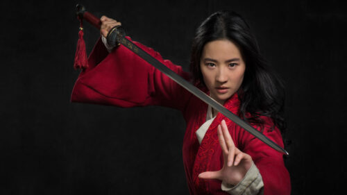 Mulan Liu Yifei Warrior with Sword Red Robe 4K Desktop Wallpaper