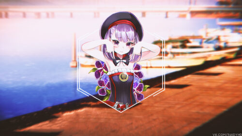 Anime Girl in Beret and Elegant Outfit with Purple Flowers 4K Wallpaper
