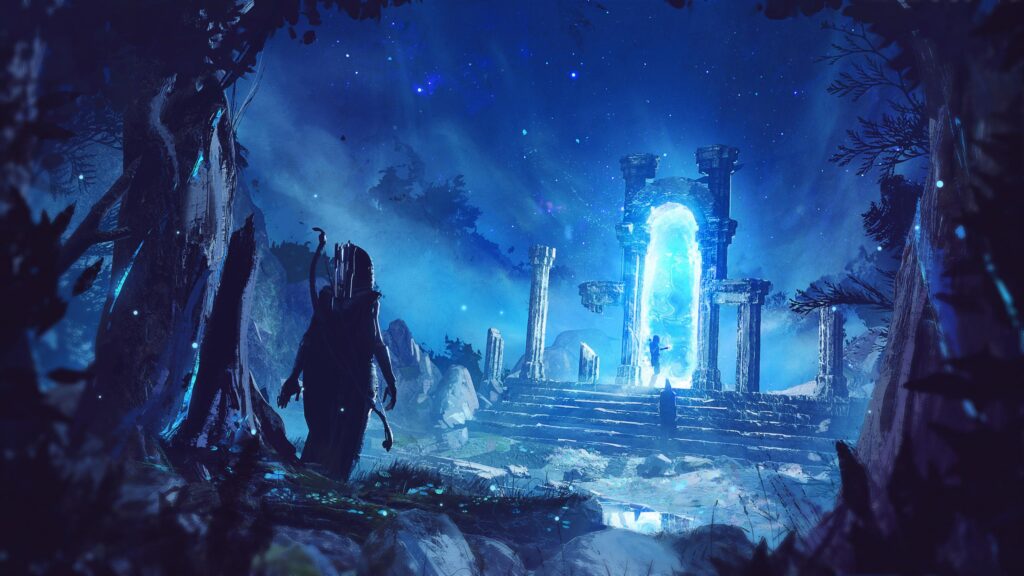 Archer Approaching Ancient Magical Portal in Enchanted Night Forest PC Wallpaper