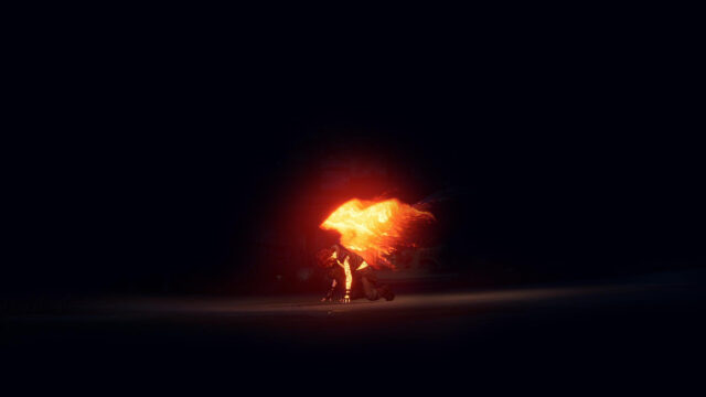 Anime Character with Flaming Angel Wings in Darkness 4K Desktop Wallpaper