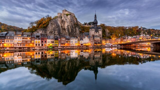 Breathtaking Dinant Cityscape with Collegiate Church and Fortress Desktop Wallpaper