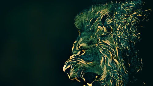 Abstract Artistic Lion Head Profile in Emerald and Gold 4K Desktop Wallpaper