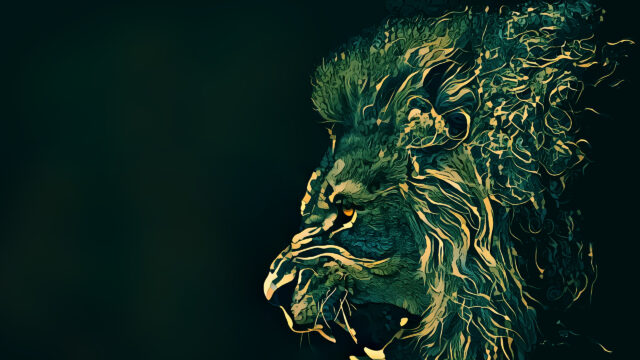 Abstract Artistic Lion Head Profile in Emerald and Gold 4K Desktop Wallpaper