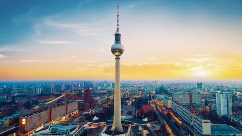 Stunning Aerial View of Berlin TV Tower at Sunset 4K Wallpaper